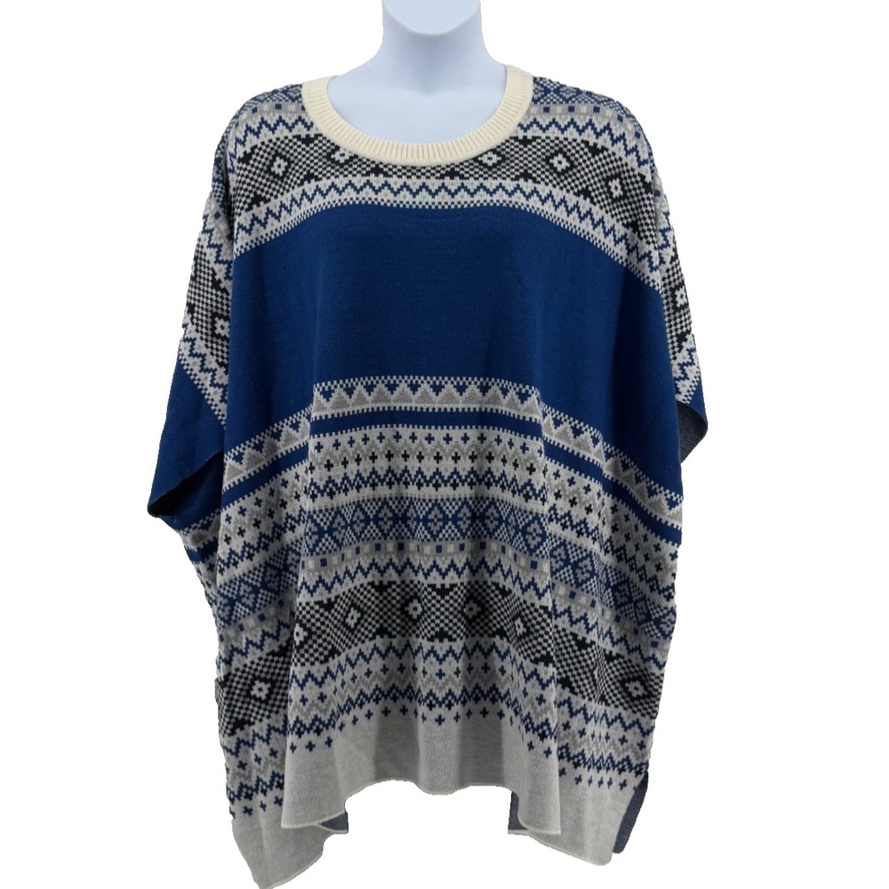 Lane Bryant Fair Isle Poncho Sweater Blue Nordic Cape Knit Plus Size 22 24 NWT